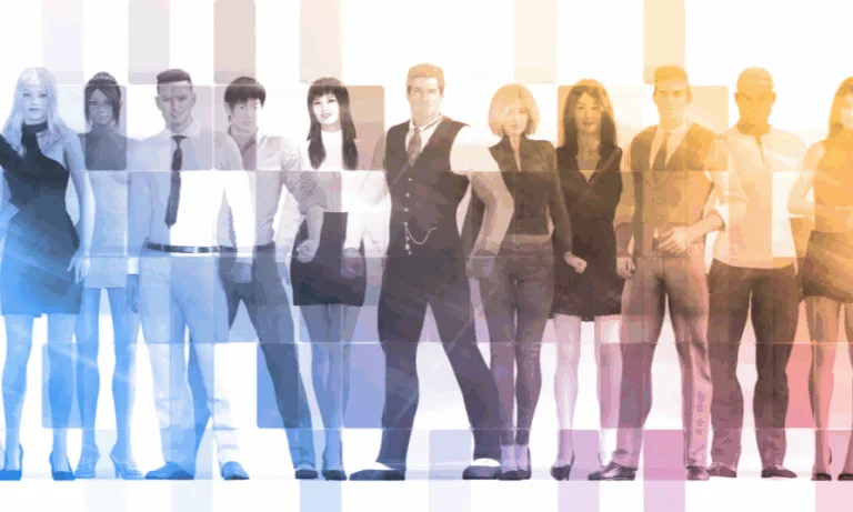 Het team van marcom.wisdom Illustratie van diverse mensen die samenwerken – het freelance team van marcom.wisdom