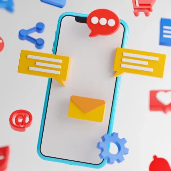 Social media marketing – smartphone met iconen van berichten, likes en hashtags Social media marketing – smartphone met iconen van berichten, likes en hashtags