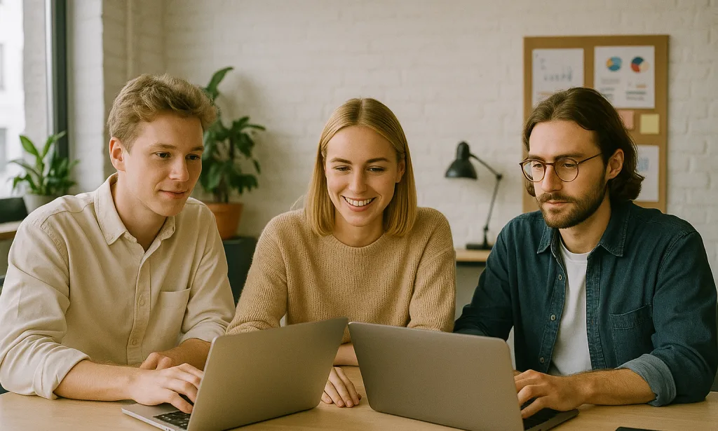 Marketingteam werkt samen aan laptops tijdens brainstorm Marketingteam werkt samen aan laptops tijdens brainstorm